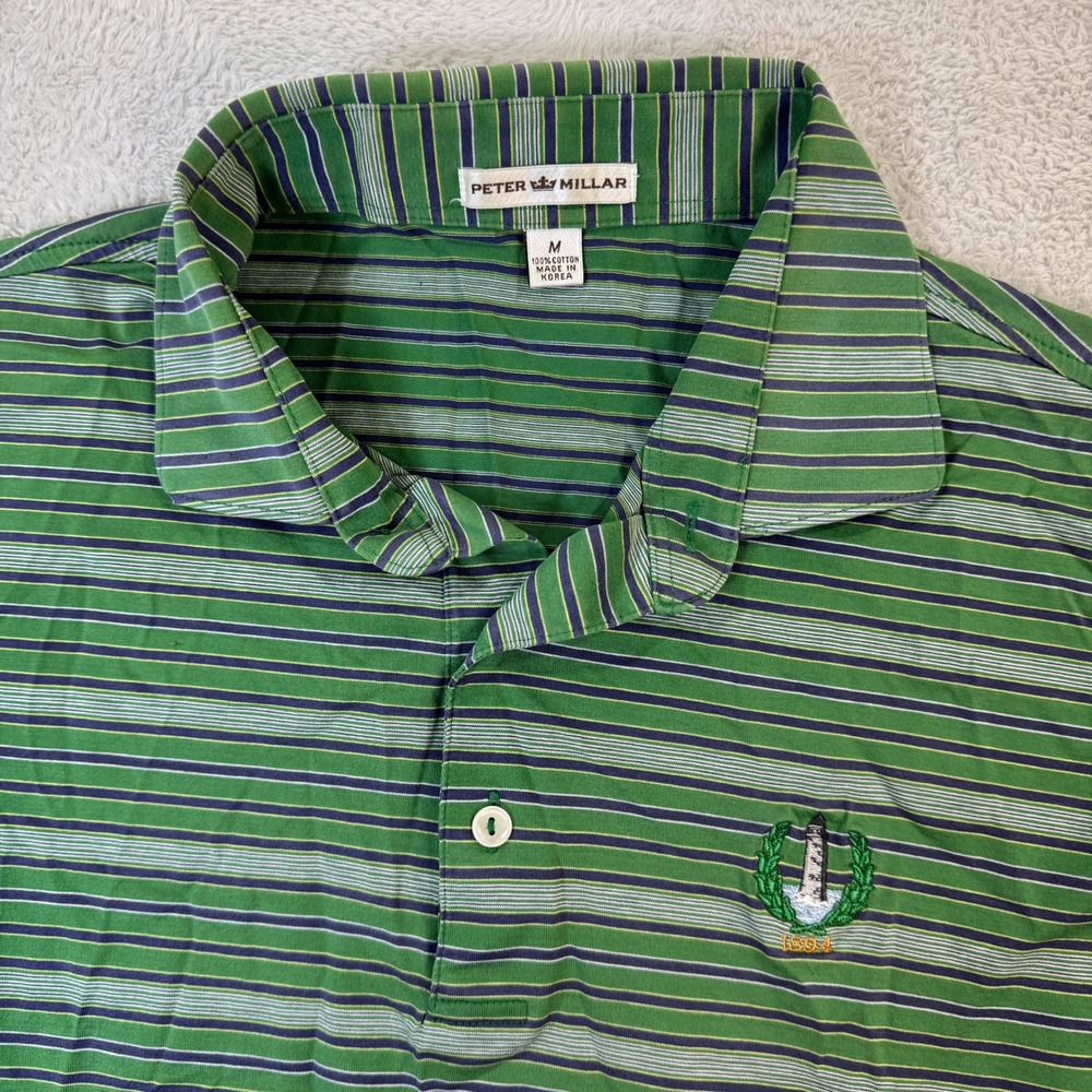 Peter Millar Mens Medium Green Striped Golf Polo‎ Shirt Lighthouse 1894 Casual - Picture 2 of 7